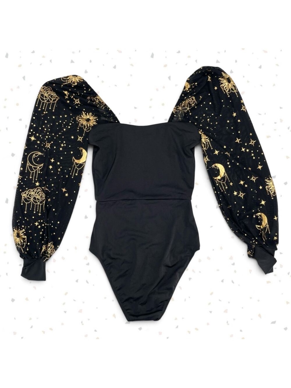 BlackMilk Black Celestial Gold Foil Mesh Sleeve Bodysuit Witchy Glam Size S NEW